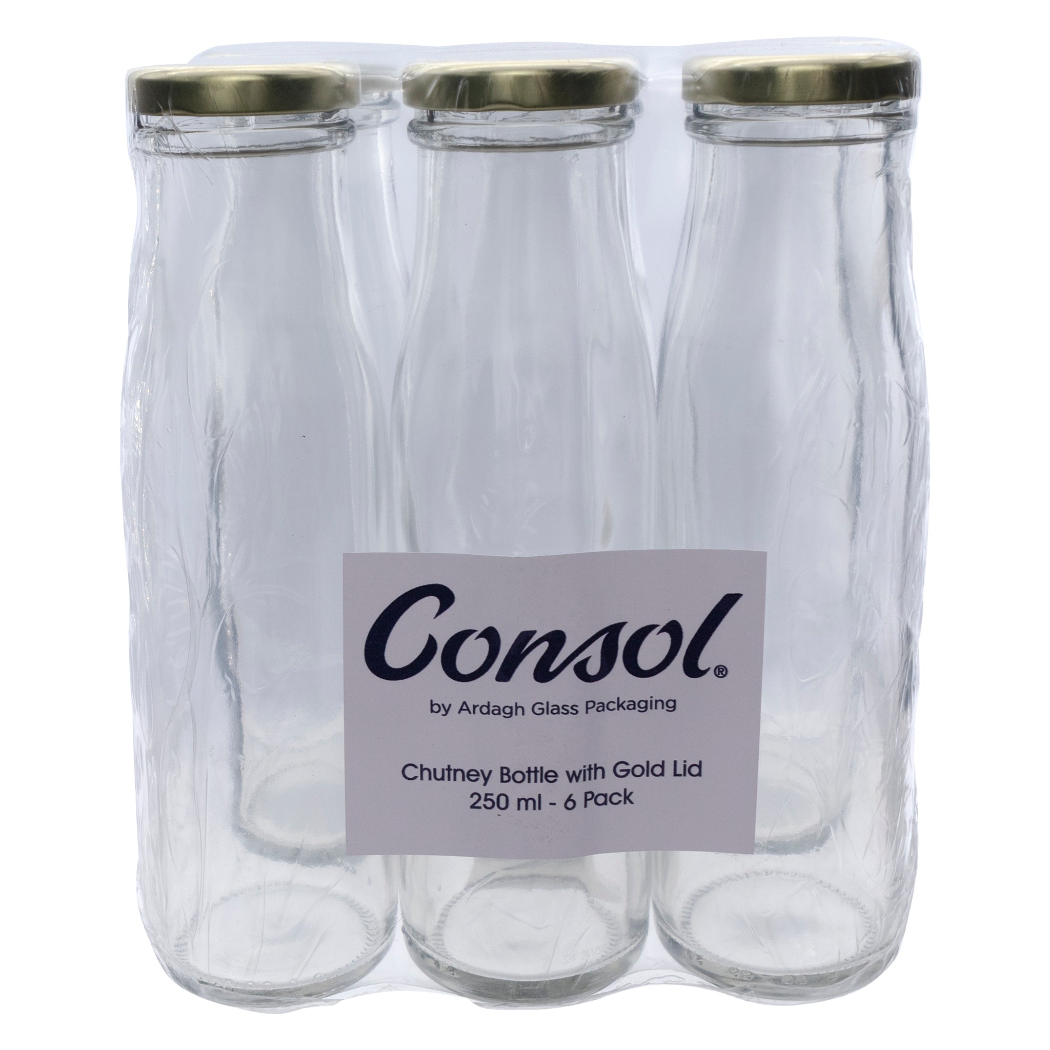 CONSOL CHUTNEY BOTTLES WITH GOLD LIDS 6PK, 250ML