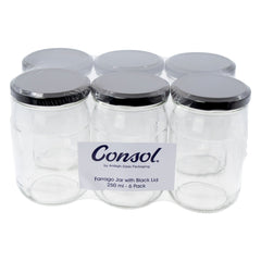 CONSOL FARRAGO JARS WITH BLACK LIDS 6PK, 250ML