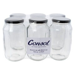 CONSOL ROUND JARS WITH BLACK LIDS 6PK, 750ML