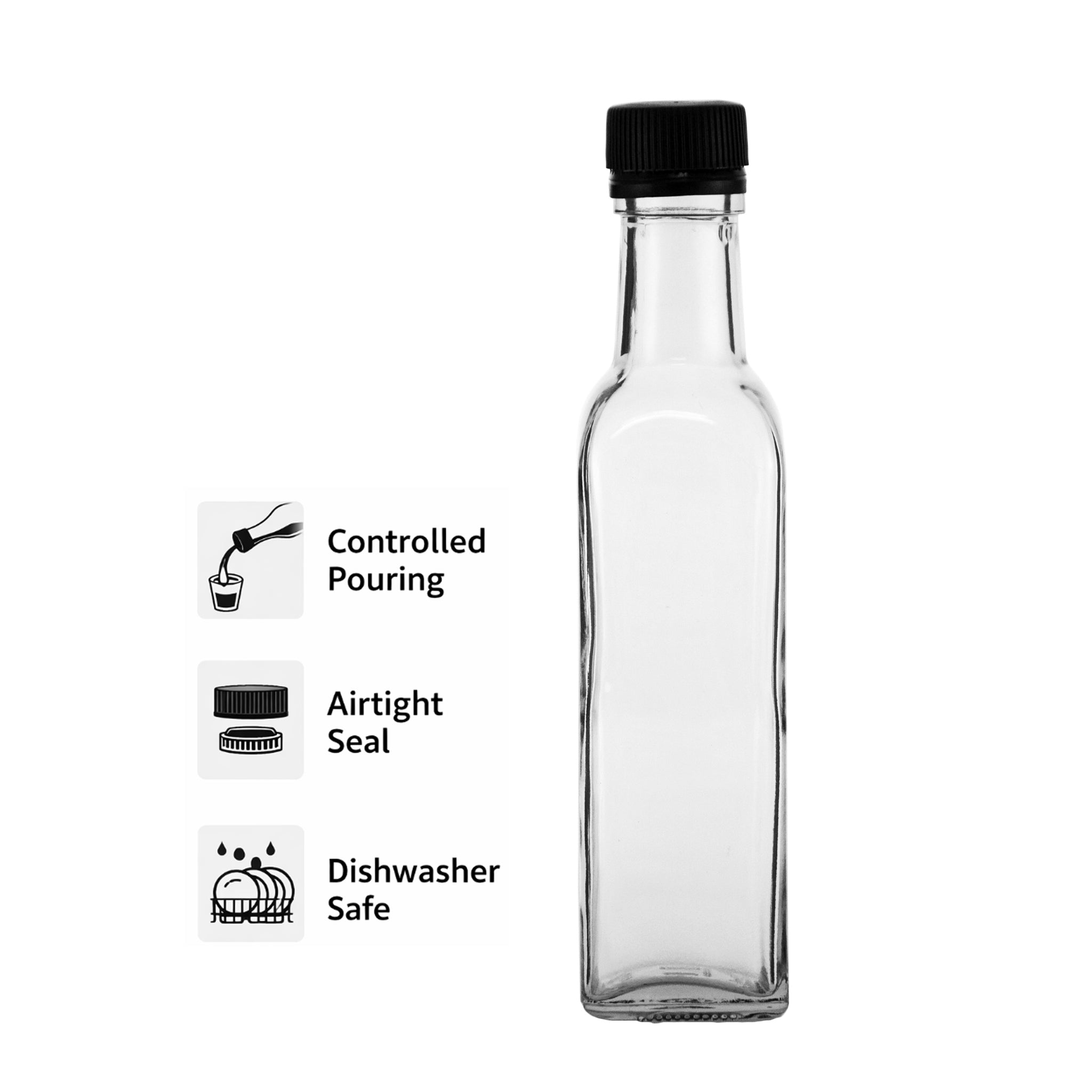 CONSOL SQUARE OIL/VINEGAR BOTTLE WITH BLACK LID 6PK, 250ML