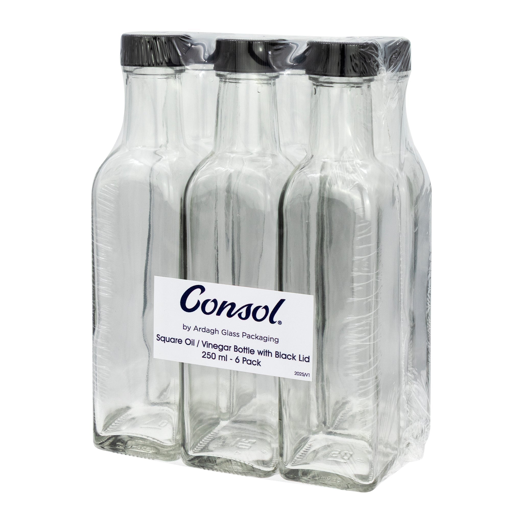 CONSOL SQUARE OIL/VINEGAR BOTTLE WITH BLACK LID 6PK, 250ML