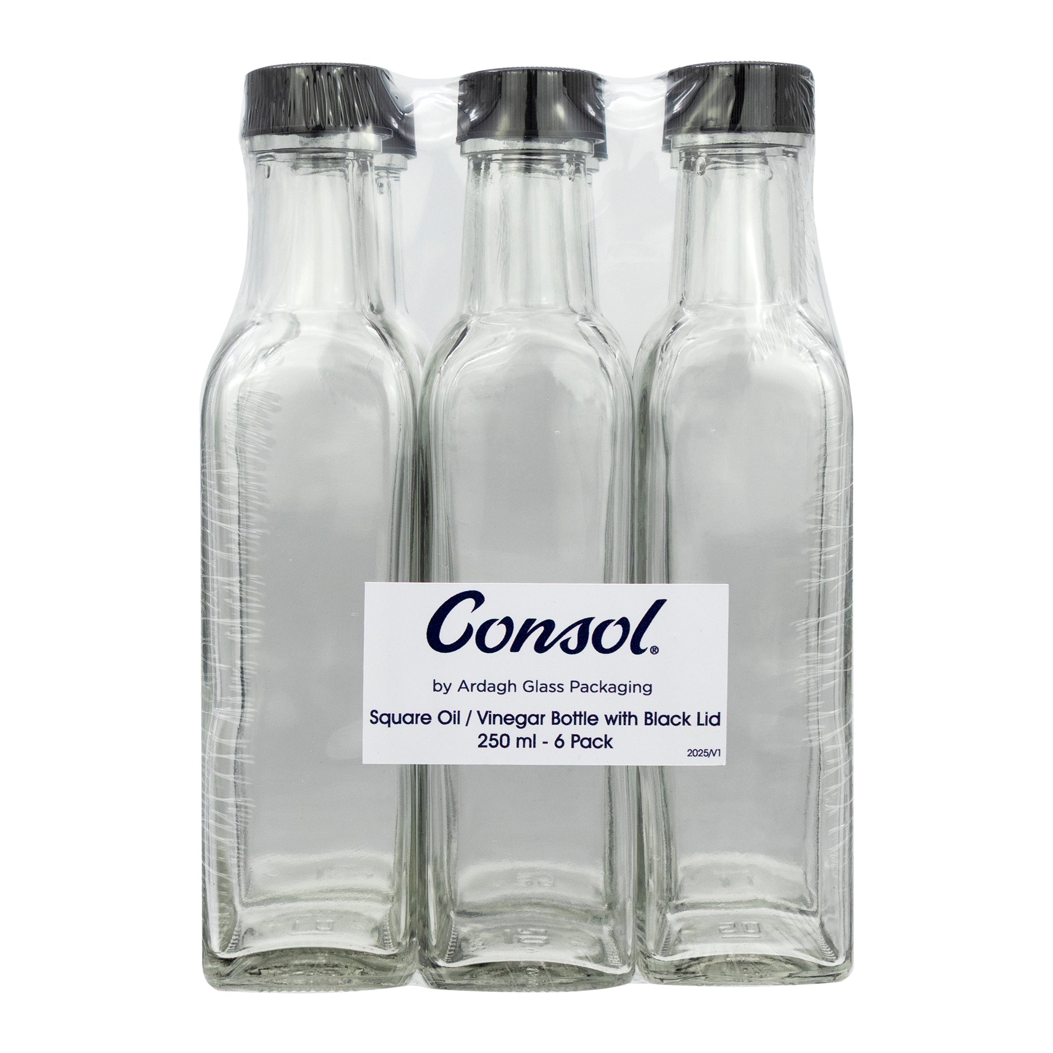 CONSOL SQUARE OIL/VINEGAR BOTTLE WITH BLACK LID 6PK, 250ML