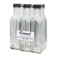 CONSOL SQUARE OIL/VINEGAR BOTTLE WITH BLACK LID 6PK, 250ML