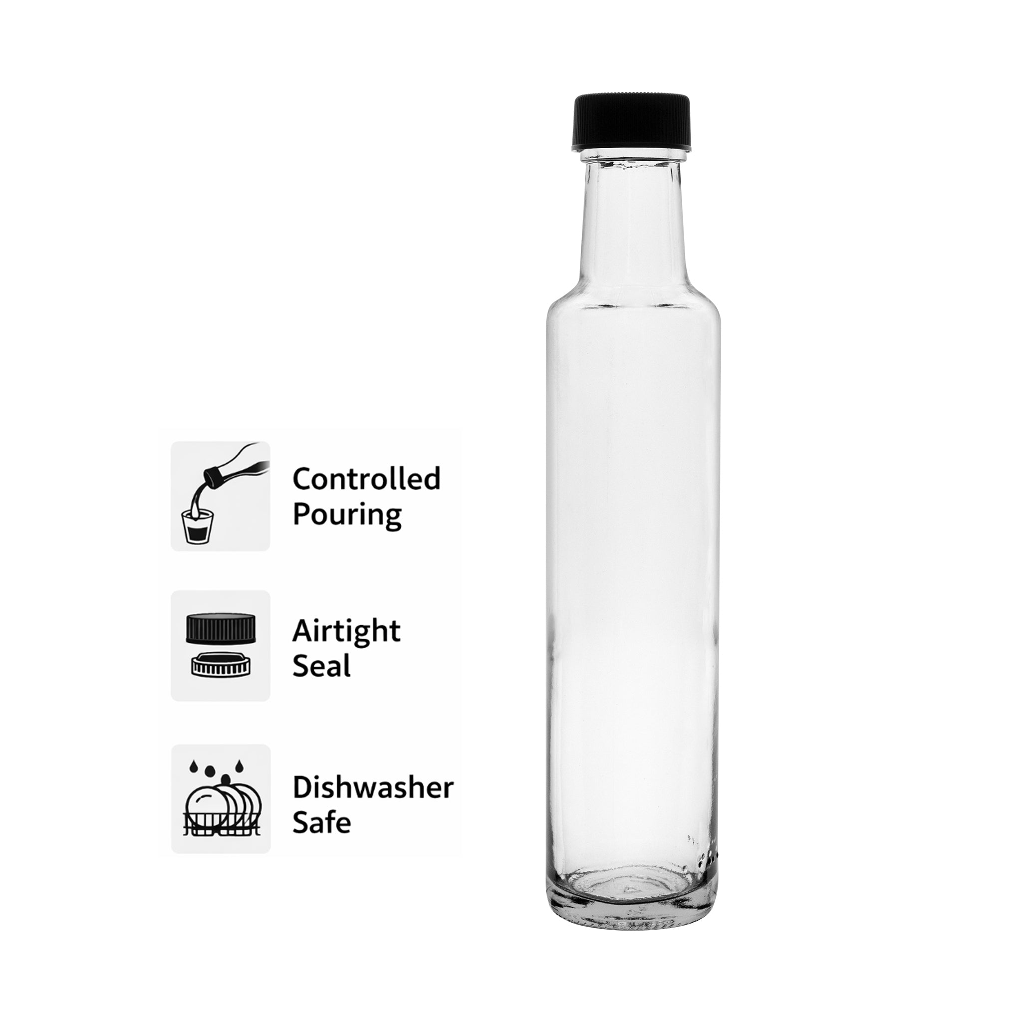 CONSOL ROUND OIL/VINEGAR BOTTLE WITH BLACK LID 6PK, 250ML