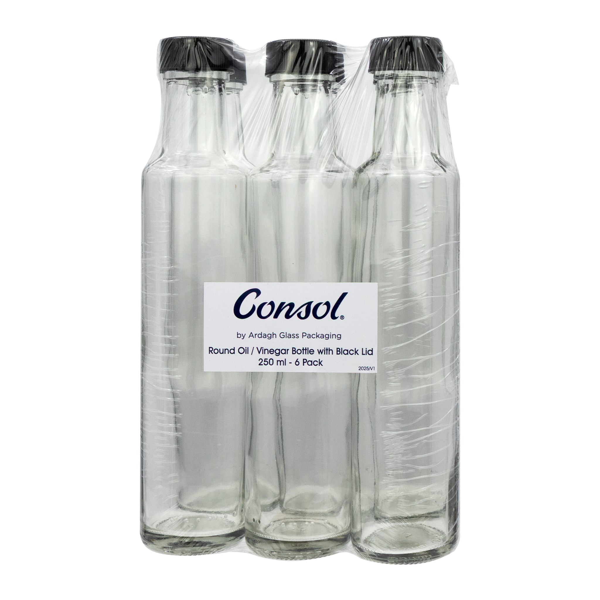 CONSOL ROUND OIL/VINEGAR BOTTLE WITH BLACK LID 6PK, 250ML