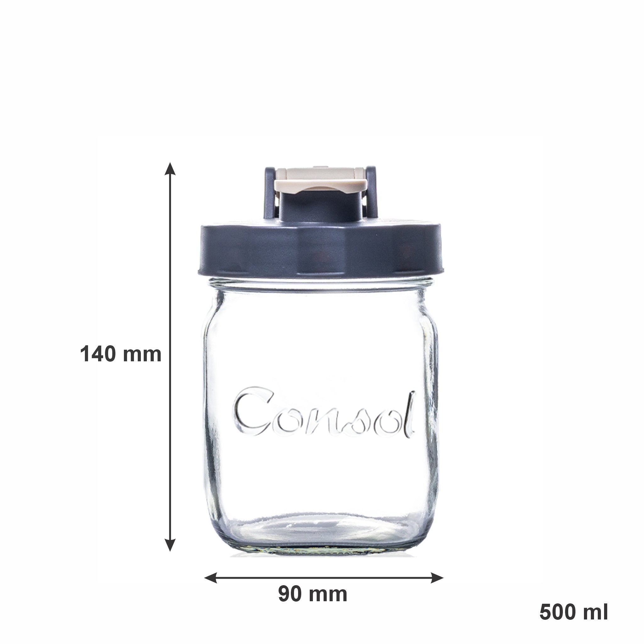 CONSOL PRESERVE JAR WITH ASSORTED COLOURED FLIP TOP LIDS, 500ML