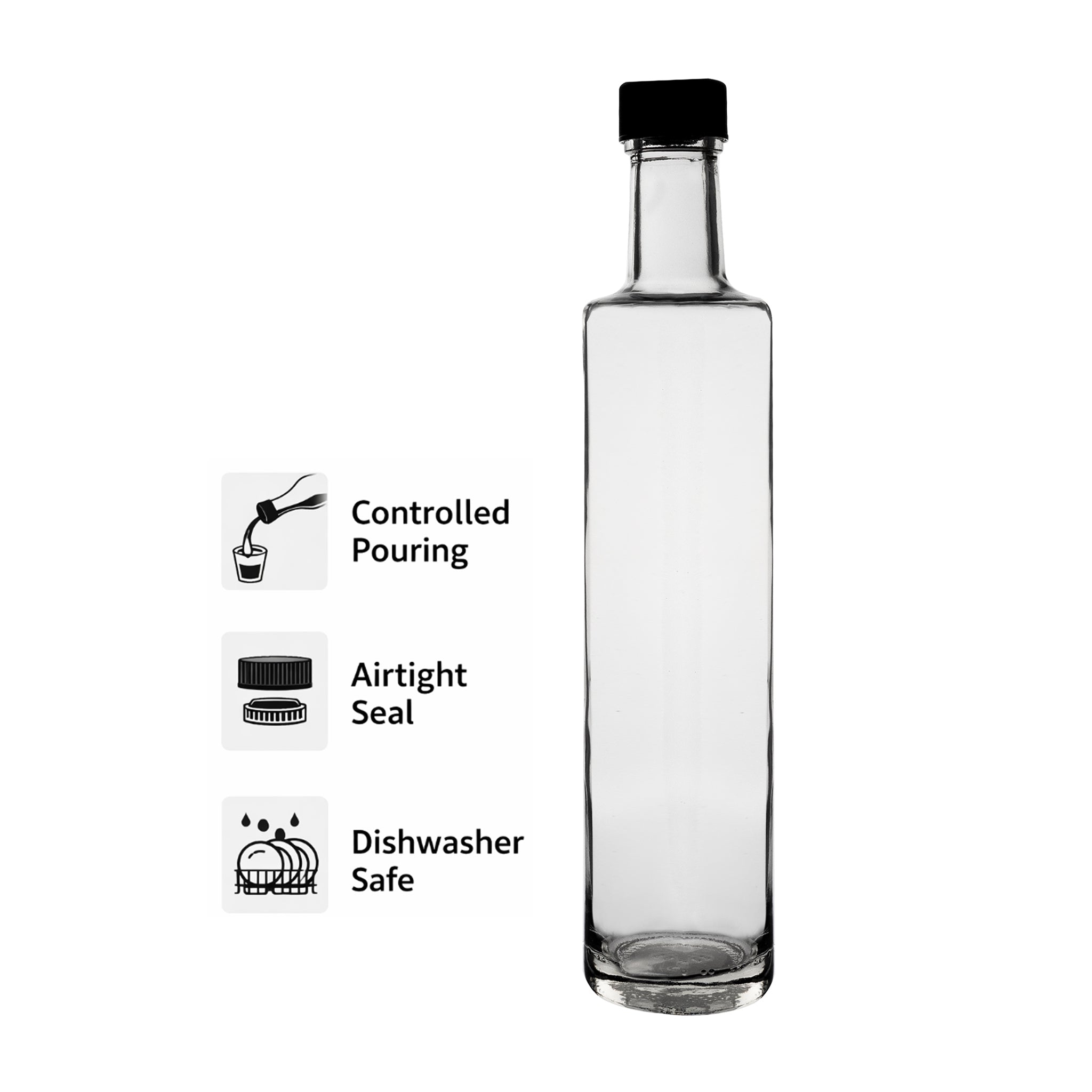 CONSOL ROUND OIL/VINEGAR BOTTLE WITH BLACK LID 6PK, 500ML