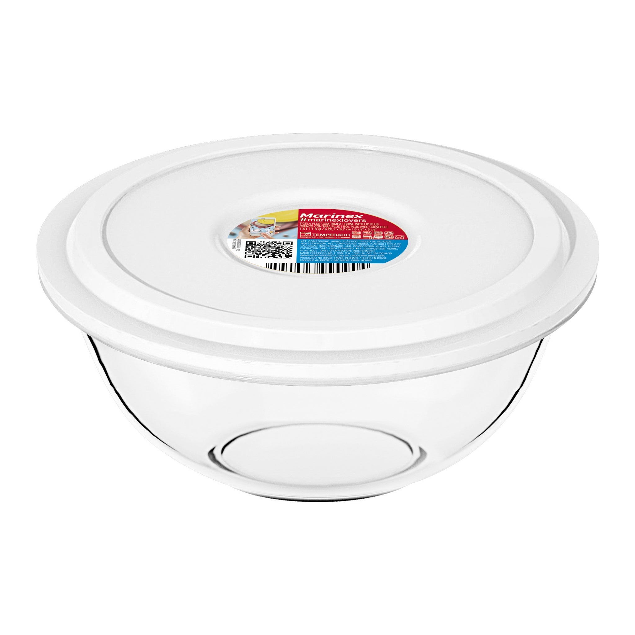 MARINEX GLASS MIXING BOWLS WITH COLOURED PLASTIC LIDS, 1.5L