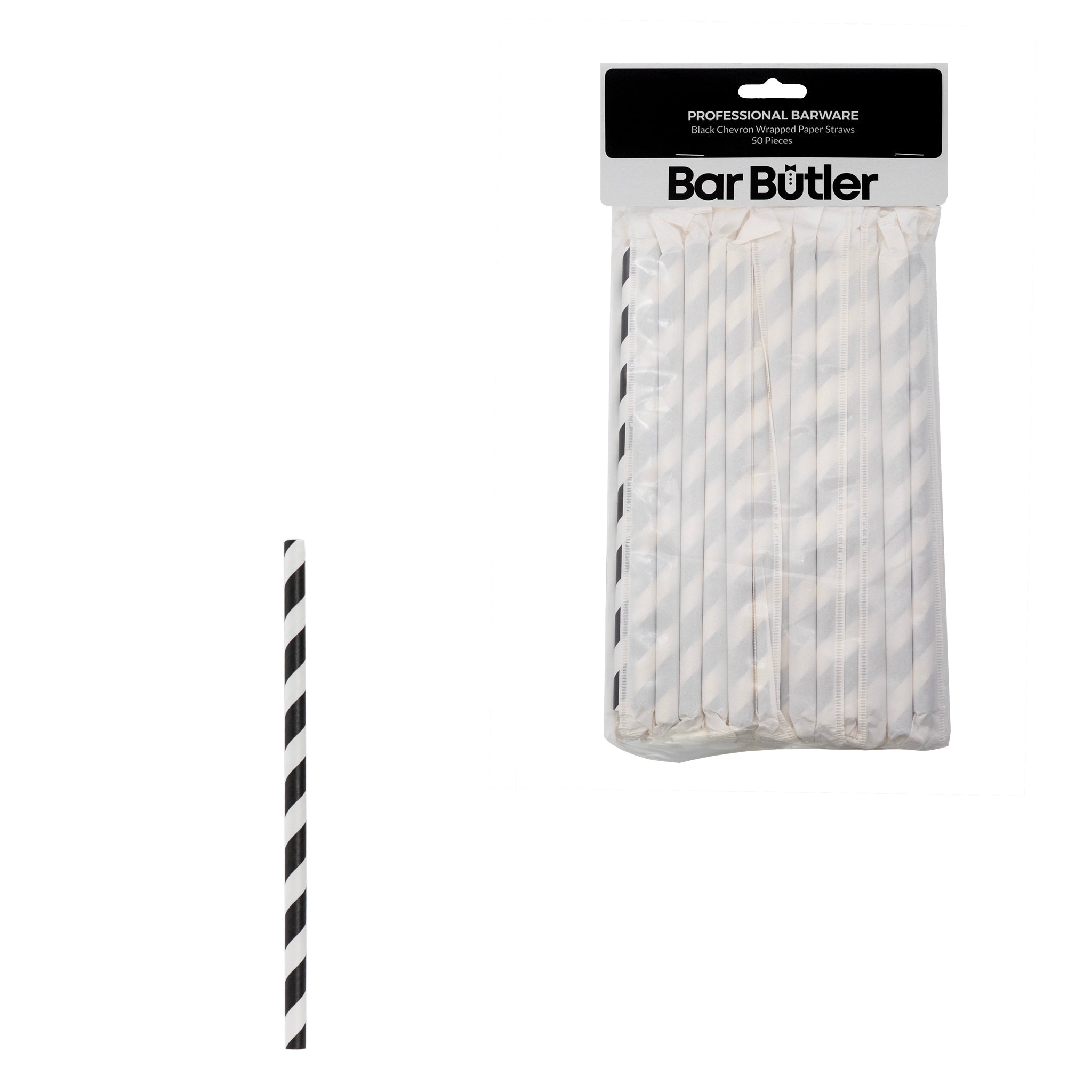 BAR BUTLER PAPER STRAWS BLACK & WHITE CHEVRON 50X3PLY 8MM WRAPPED + 1 UNWRAPPED 51PK