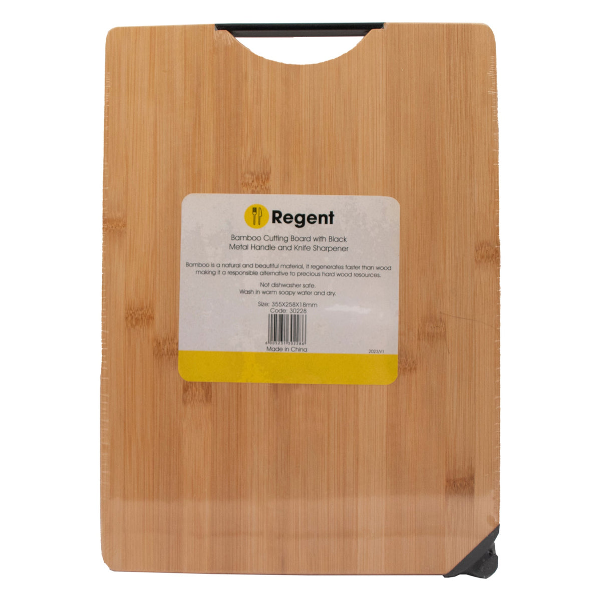 REGENT BAMBOO CUTTING BOARD WITH BLACK METAL HANDLE WITH KNIFE SHARPENER, 355X258MM