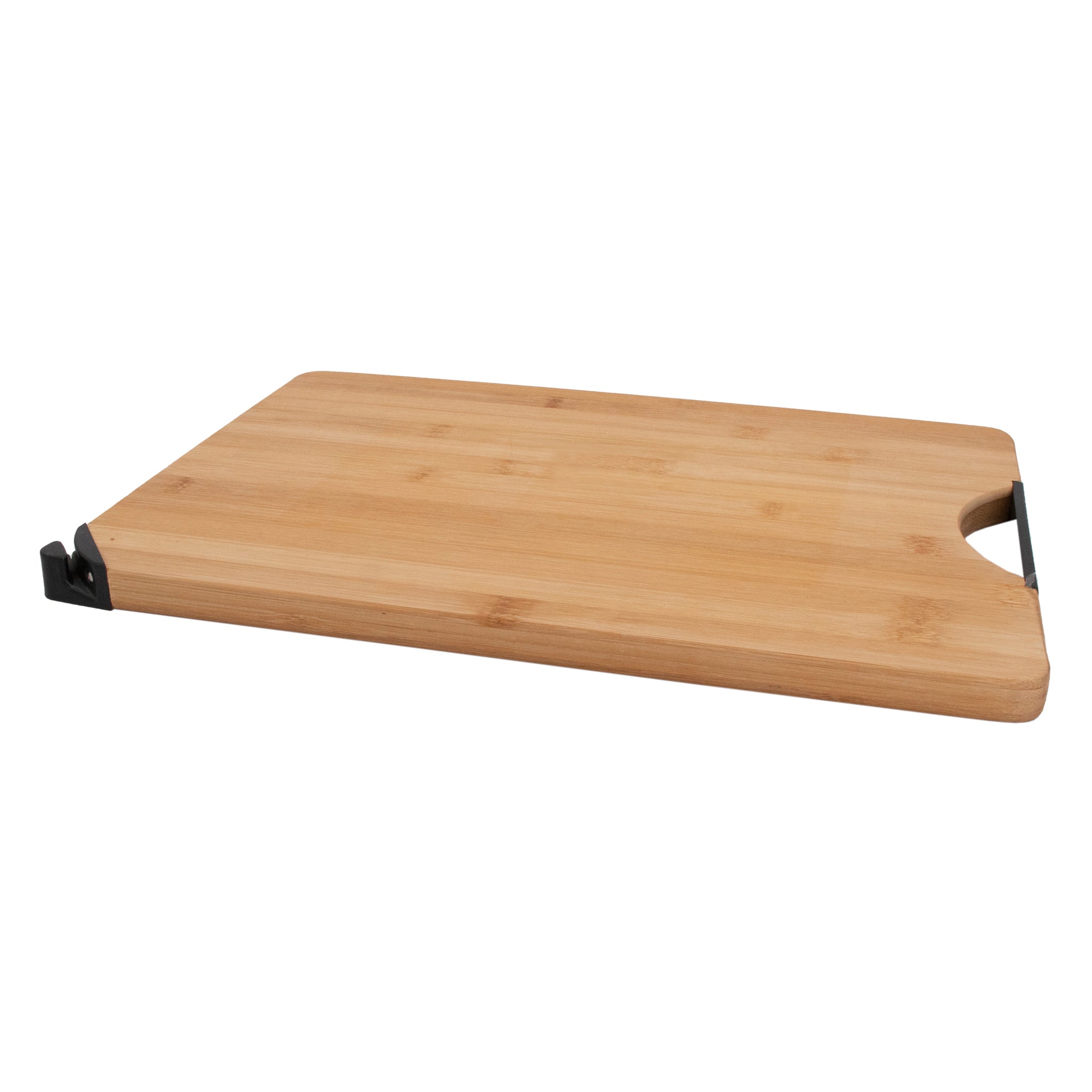 REGENT BAMBOO CUTTING BOARD WITH BLACK METAL HANDLE WITH KNIFE SHARPENER, 355X258MM