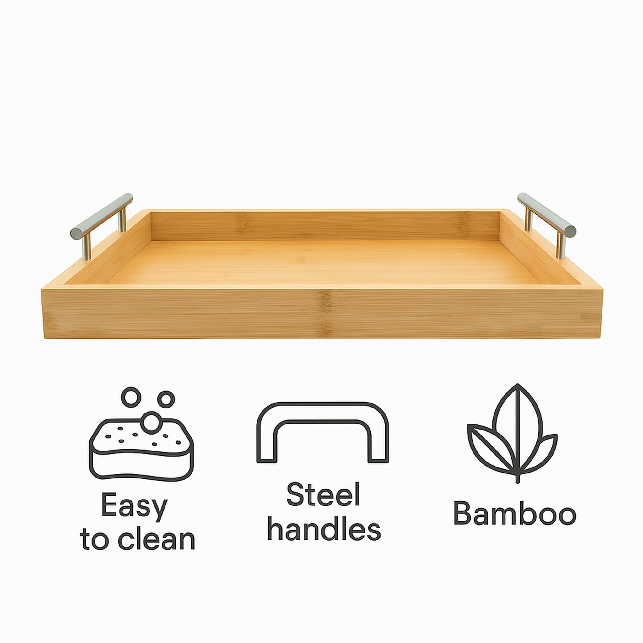 REGENT BAMBOO RECTANGULAR TRAY WITH ST STEEL HANDLES, 395X285MM