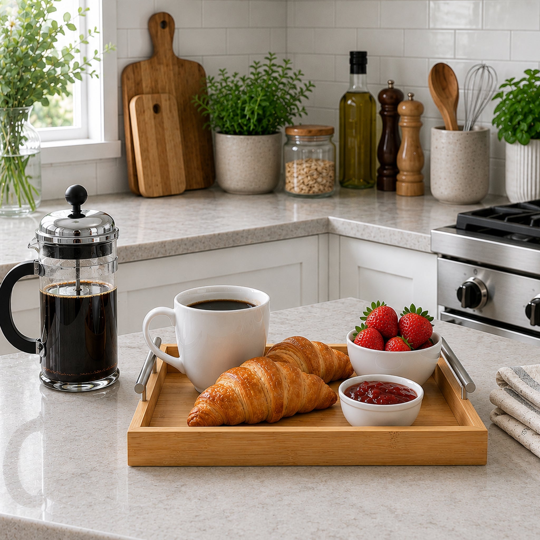 REGENT BAMBOO RECTANGULAR TRAY WITH ST STEEL HANDLES, 395X285MM