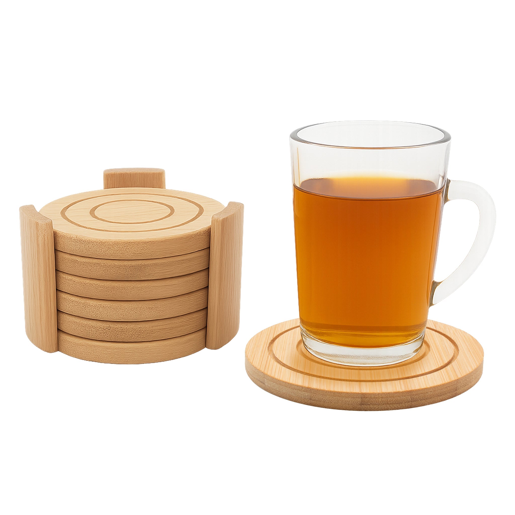 REGENT BAMBOO ROUND COASTERS IN A HOLDER 7 PIECE SET, 100MM DIA