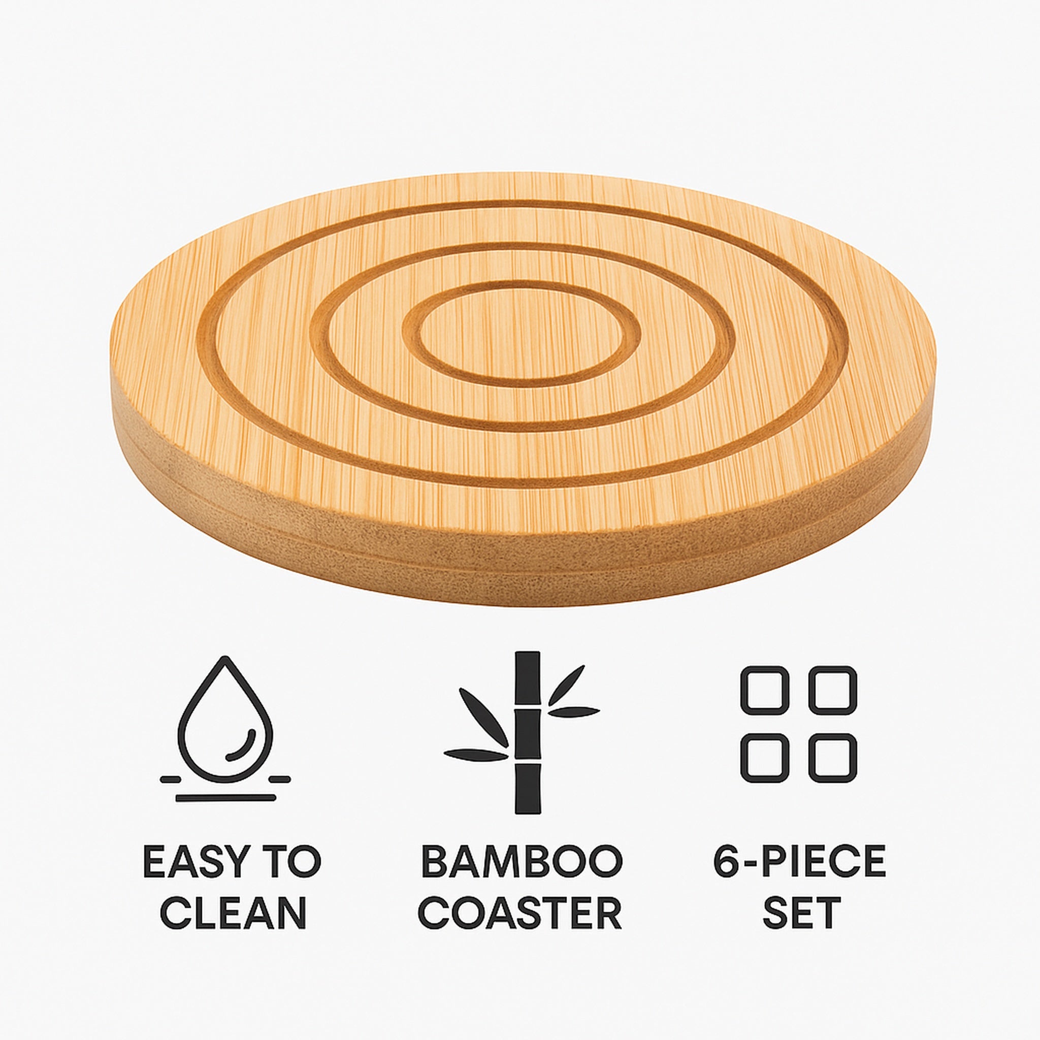 REGENT BAMBOO ROUND COASTERS IN A HOLDER 7 PIECE SET, 100MM DIA