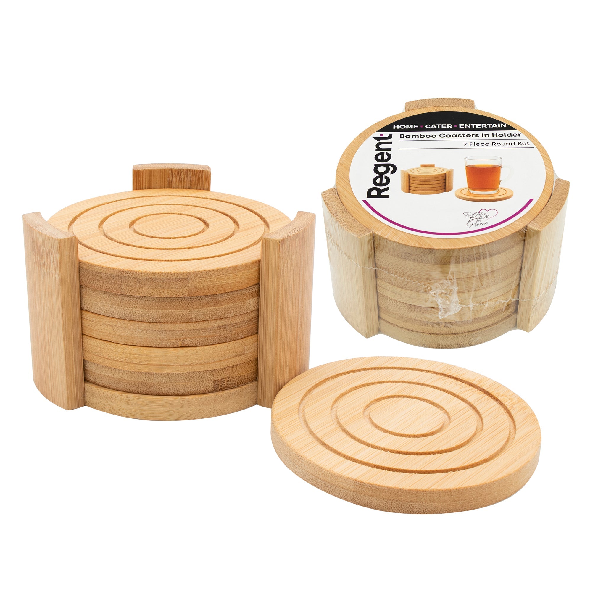 REGENT BAMBOO ROUND COASTERS IN A HOLDER 7 PIECE SET, 100MM DIA