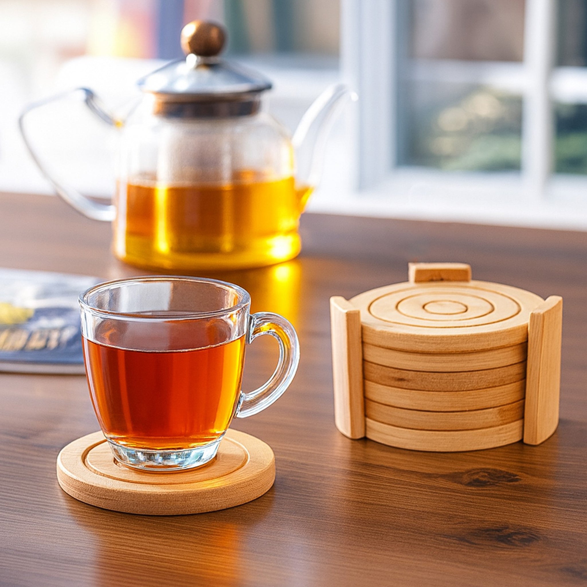 REGENT BAMBOO ROUND COASTERS IN A HOLDER 7 PIECE SET, 100MM DIA