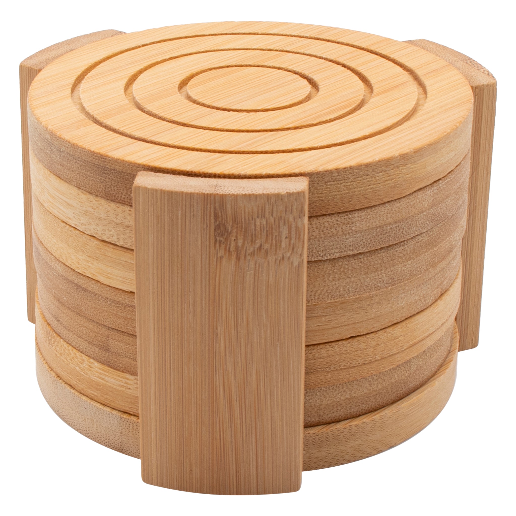 REGENT BAMBOO ROUND COASTERS IN A HOLDER 7 PIECE SET, 100MM DIA