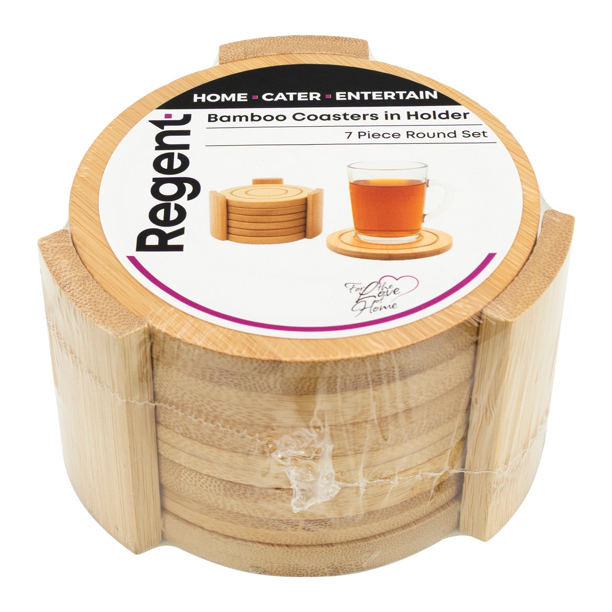 REGENT BAMBOO ROUND COASTERS IN A HOLDER 7 PIECE SET, 100MM DIA