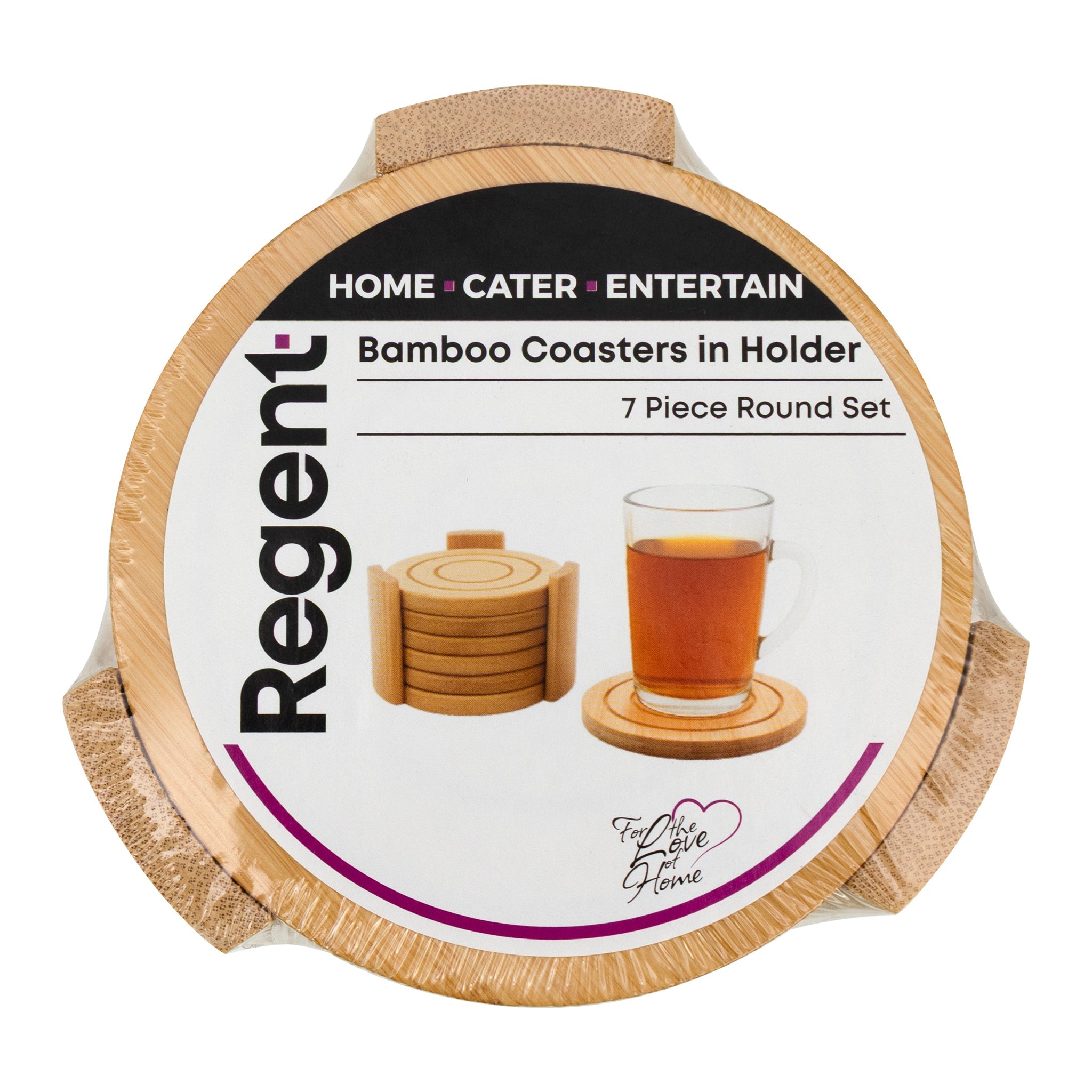 REGENT BAMBOO ROUND COASTERS IN A HOLDER 7 PIECE SET, 100MM DIA