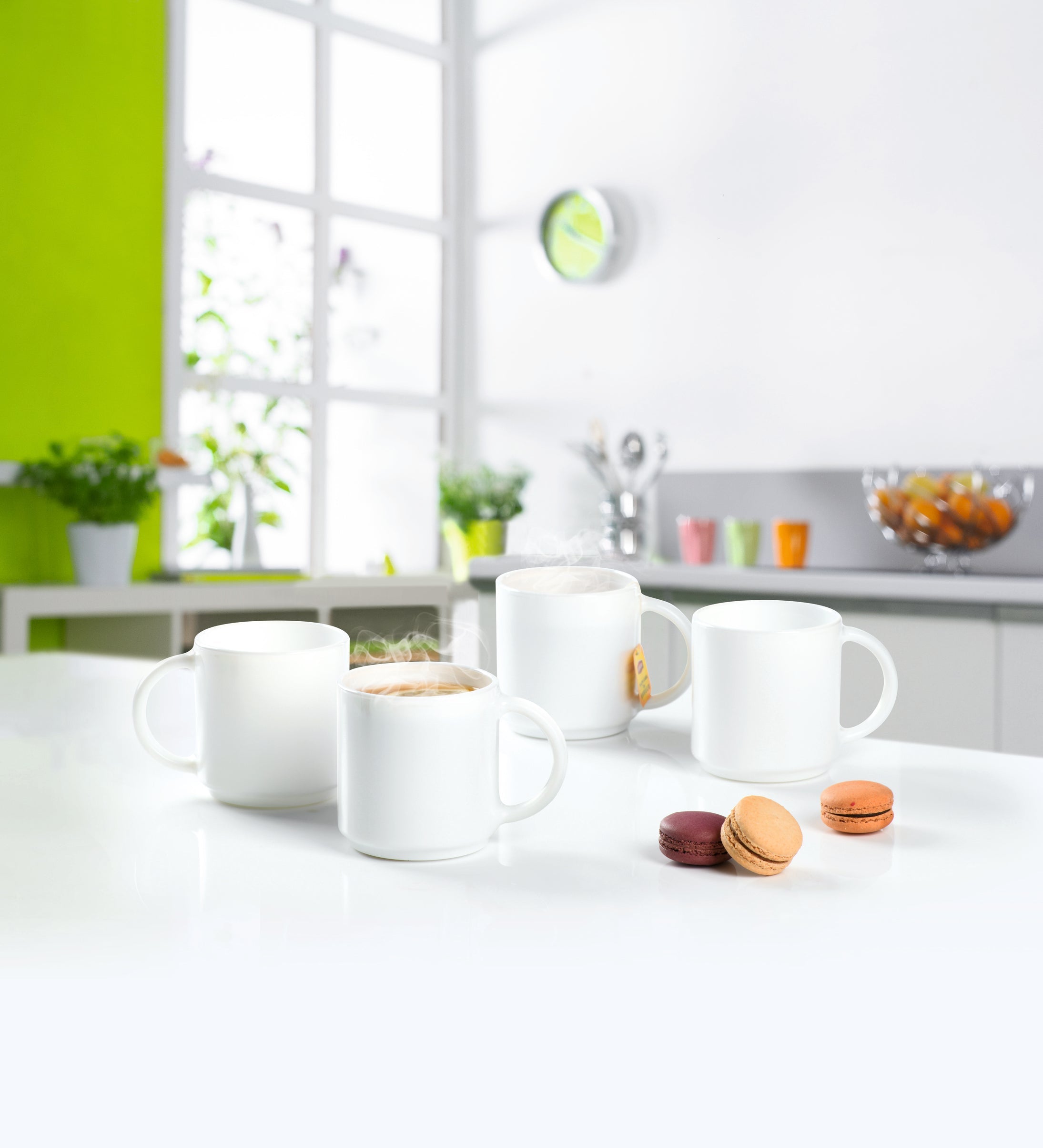 LUMINARC WHITE OPAL GLASS STACKING COFFEE MUGS 4PK, 340ML