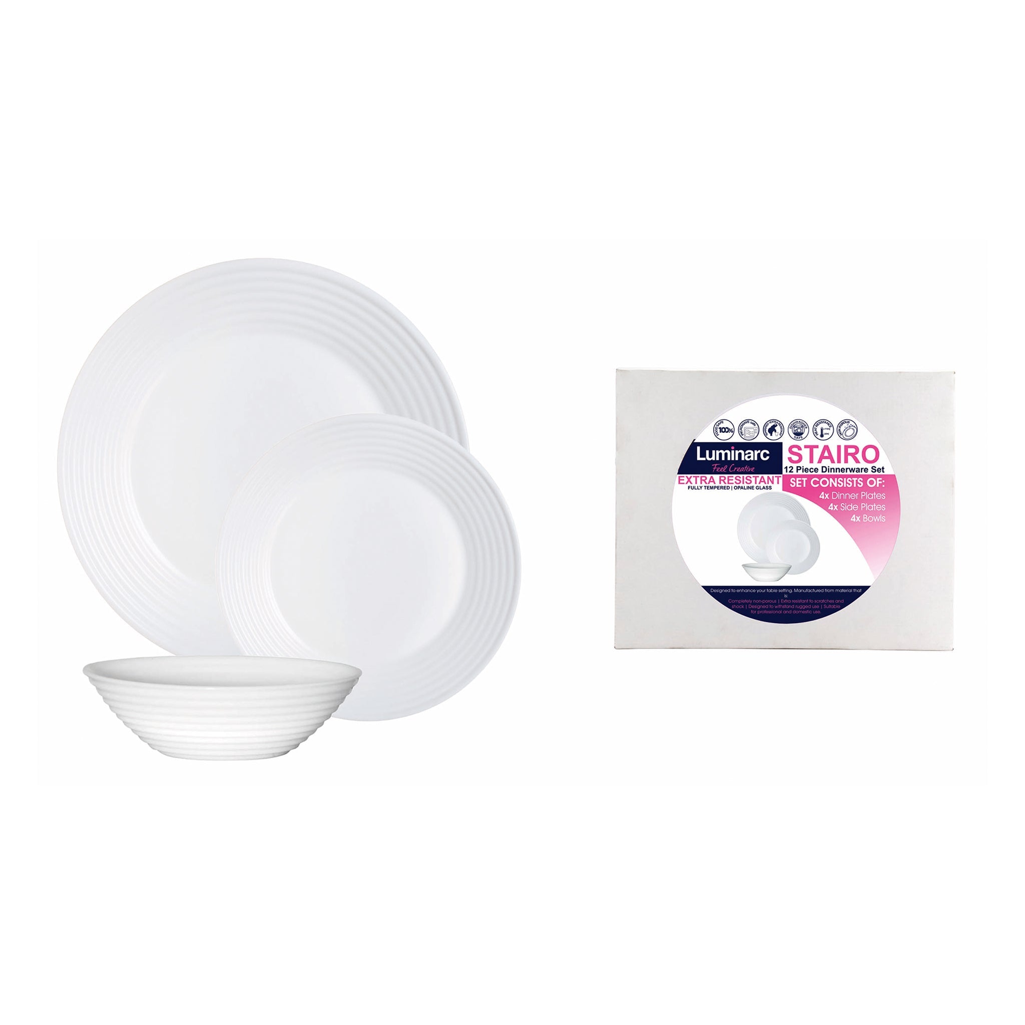 LUMINARC STAIRO WHITE OPAL DINNERWARE 12PCS SET