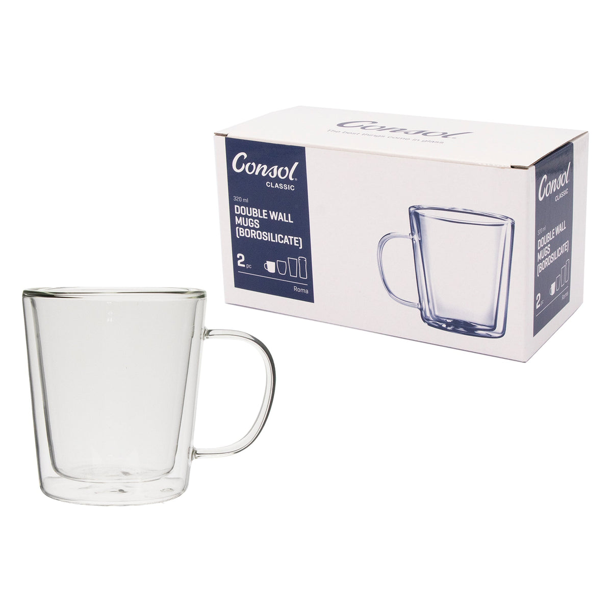 CONSOL ROMA DOUBLE WALL BOROSILICATE GLASS TEA/COFFEE MUG 2PK, 320ML