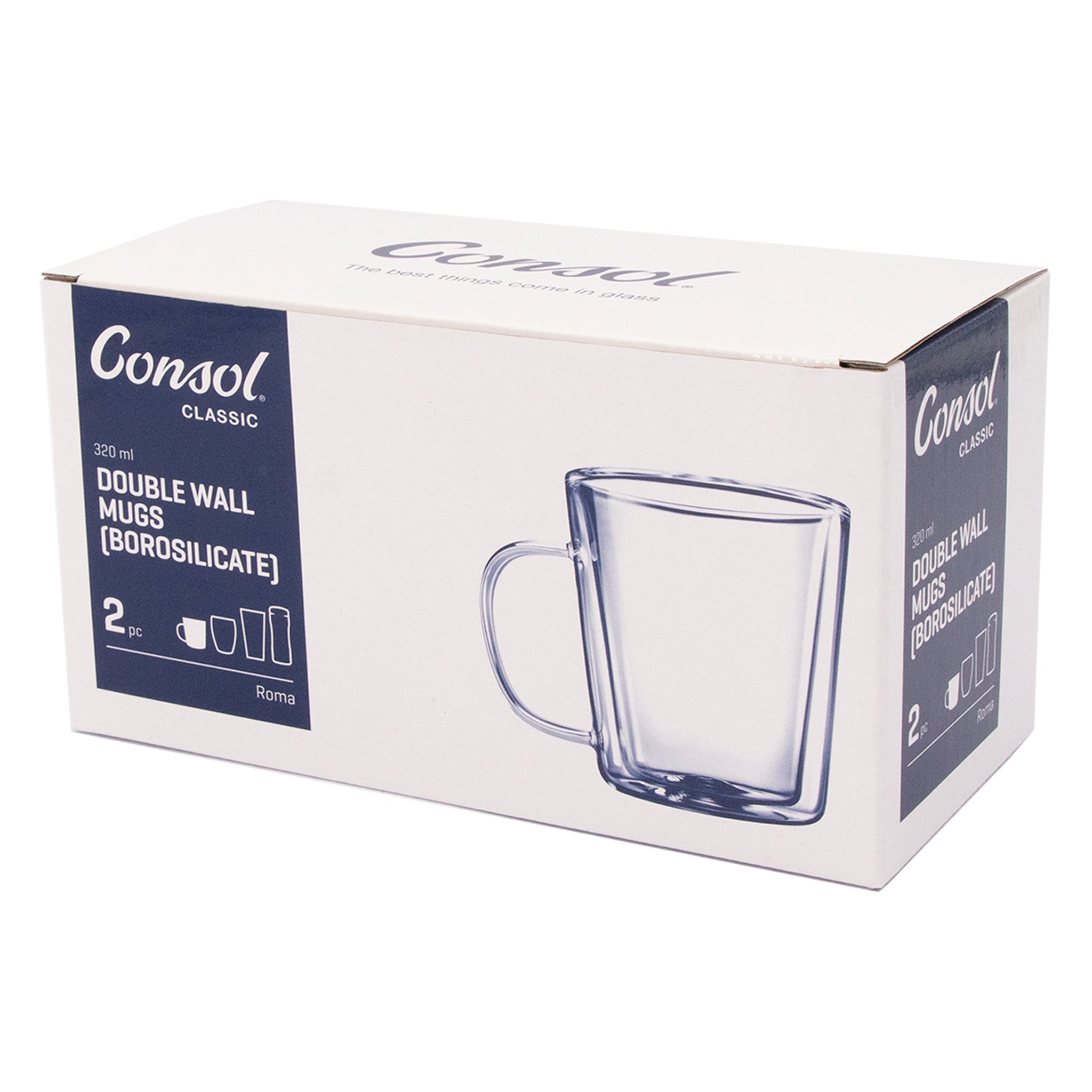 CONSOL ROMA DOUBLE WALL BOROSILICATE GLASS TEA/COFFEE MUG 2PK, 320ML