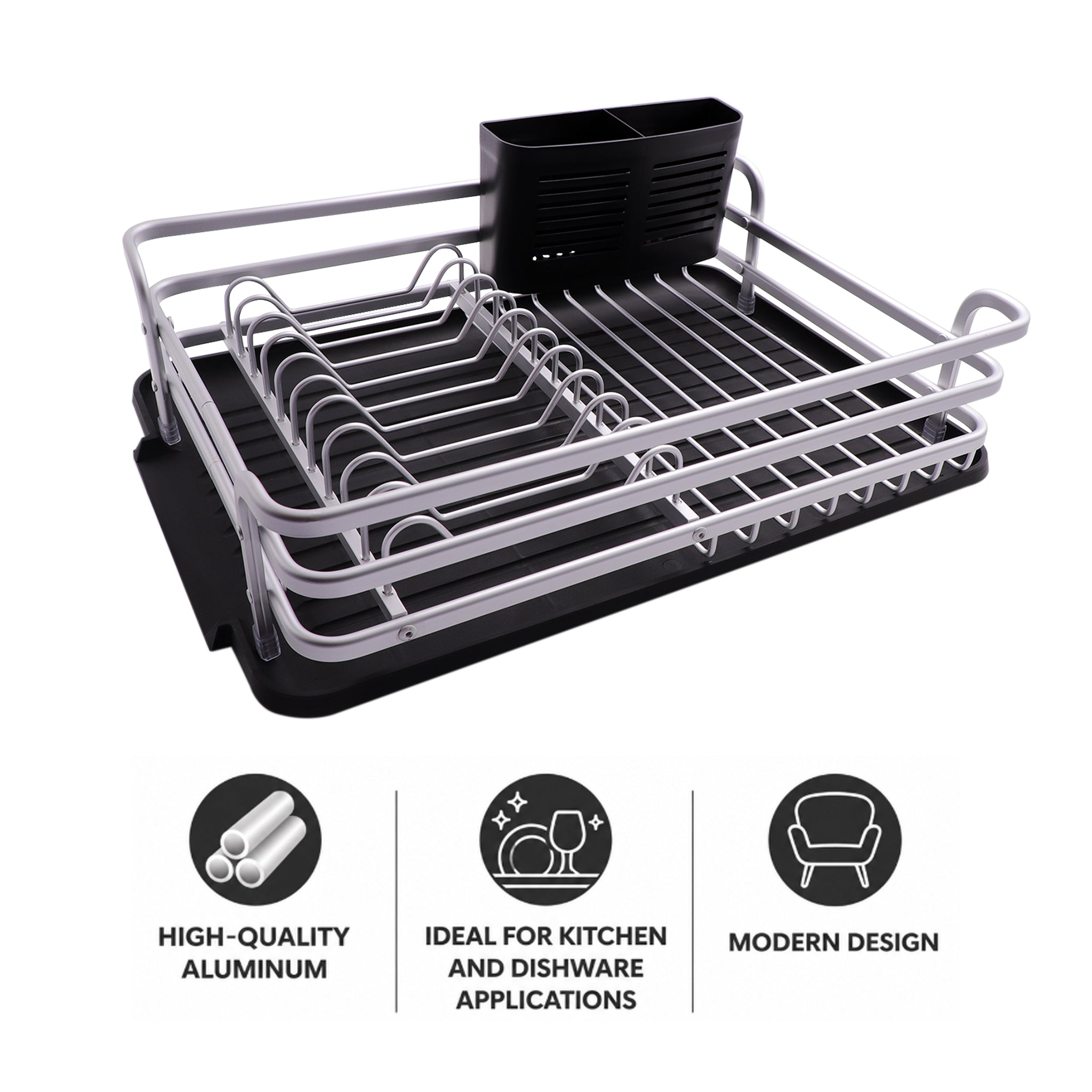 DISH RACK SILVER ALUMINIUM WITH BLACK PLASTIC UTENSIL HOLDER & TRAY, 428X318MM