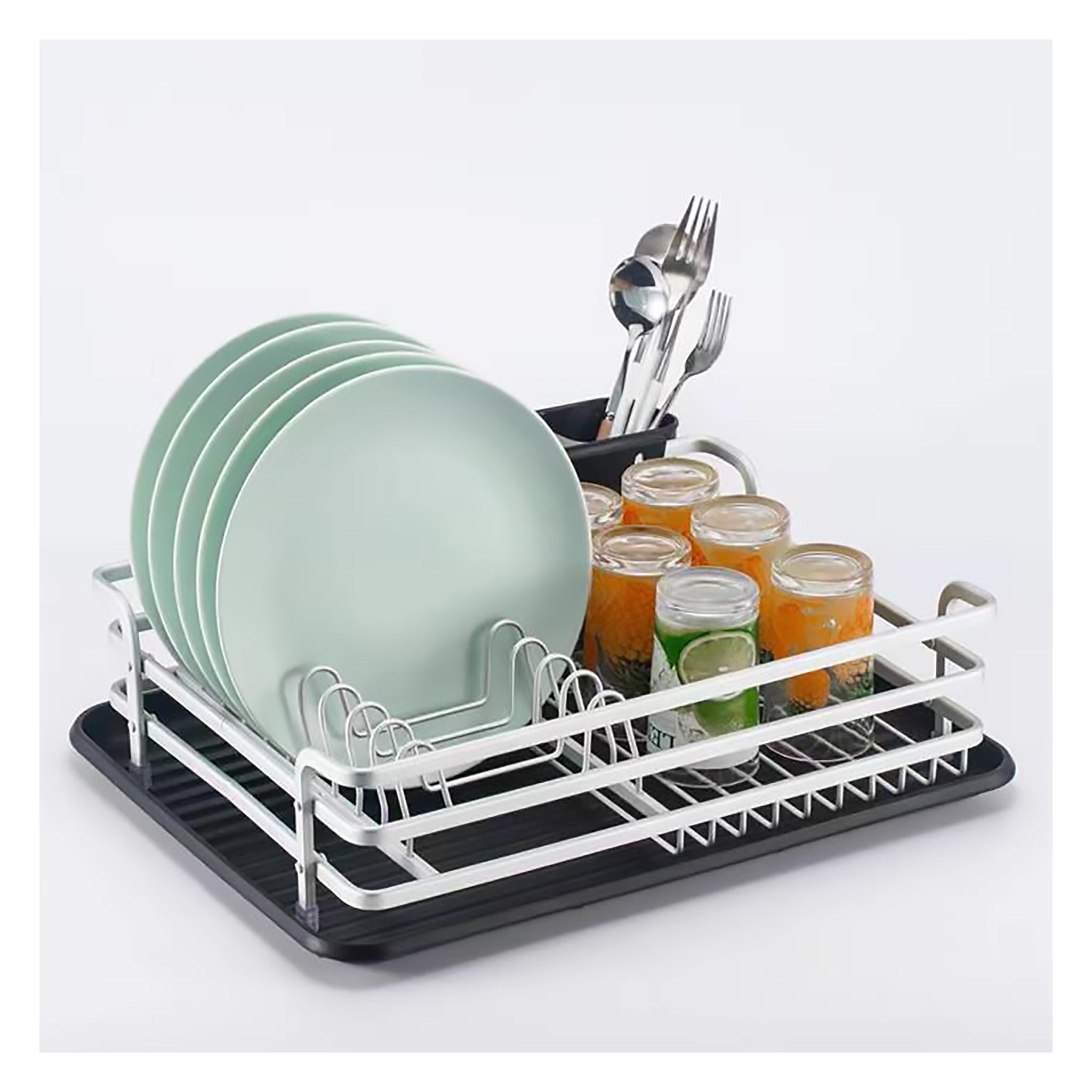 DISH RACK SILVER ALUMINIUM WITH BLACK PLASTIC UTENSIL HOLDER & TRAY, 428X318MM