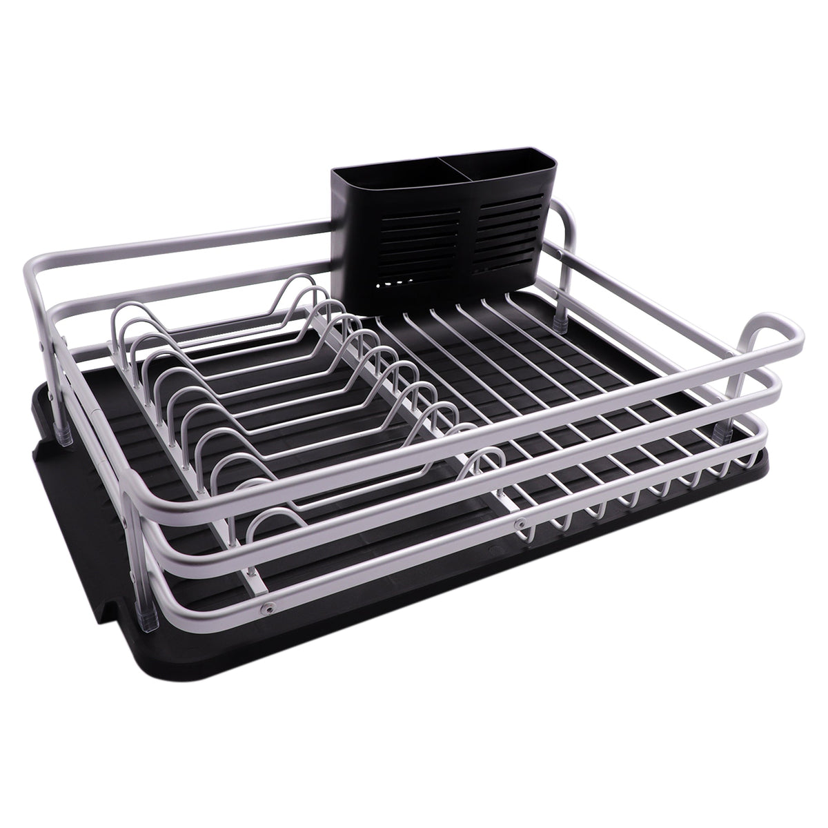 DISH RACK SILVER ALUMINIUM WITH BLACK PLASTIC UTENSIL HOLDER & TRAY, 428X318MM