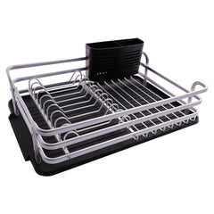 DISH RACK SILVER ALUMINIUM WITH BLACK PLASTIC UTENSIL HOLDER & TRAY, 428X318MM