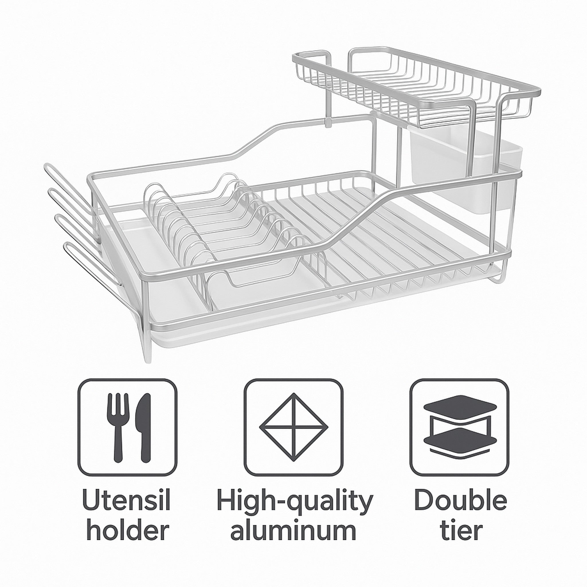 DOUBLE DISH RACK SILVER ALUMINIUM WITH OPAQUE PLASTIC UTENSIL HOLDER AND TRAY,