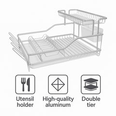 DOUBLE DISH RACK SILVER ALUMINIUM WITH OPAQUE PLASTIC UTENSIL HOLDER AND TRAY,