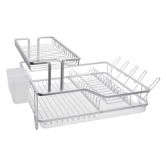 DOUBLE DISH RACK SILVER ALUMINIUM WITH OPAQUE PLASTIC UTENSIL HOLDER AND TRAY,