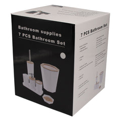 BATHROOM SET WHITE PLASTIC WITH BAMBOO LID 7PC