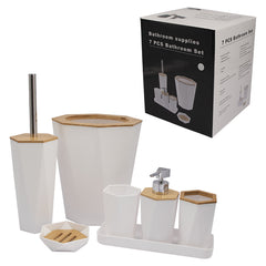 BATHROOM SET WHITE PLASTIC WITH BAMBOO LID 7PC