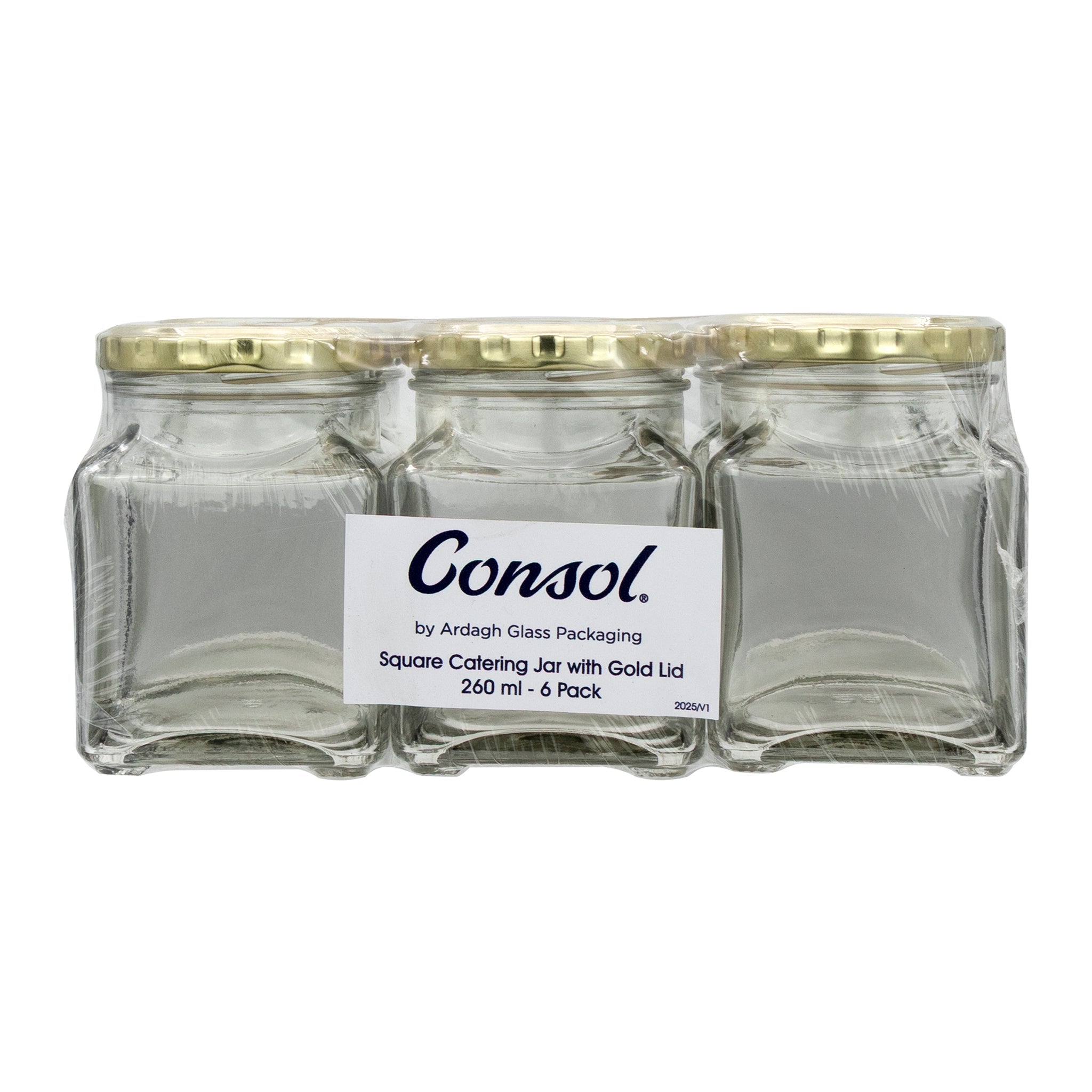 CONSOL 260ML CATERING SQUARE JARWITH GOLD LID 6PK