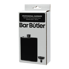 BAR BUTLER HIP FLASK ST STEEL WITH BLACK LEATHERETTE COVER AND FUNNEL, 250ML