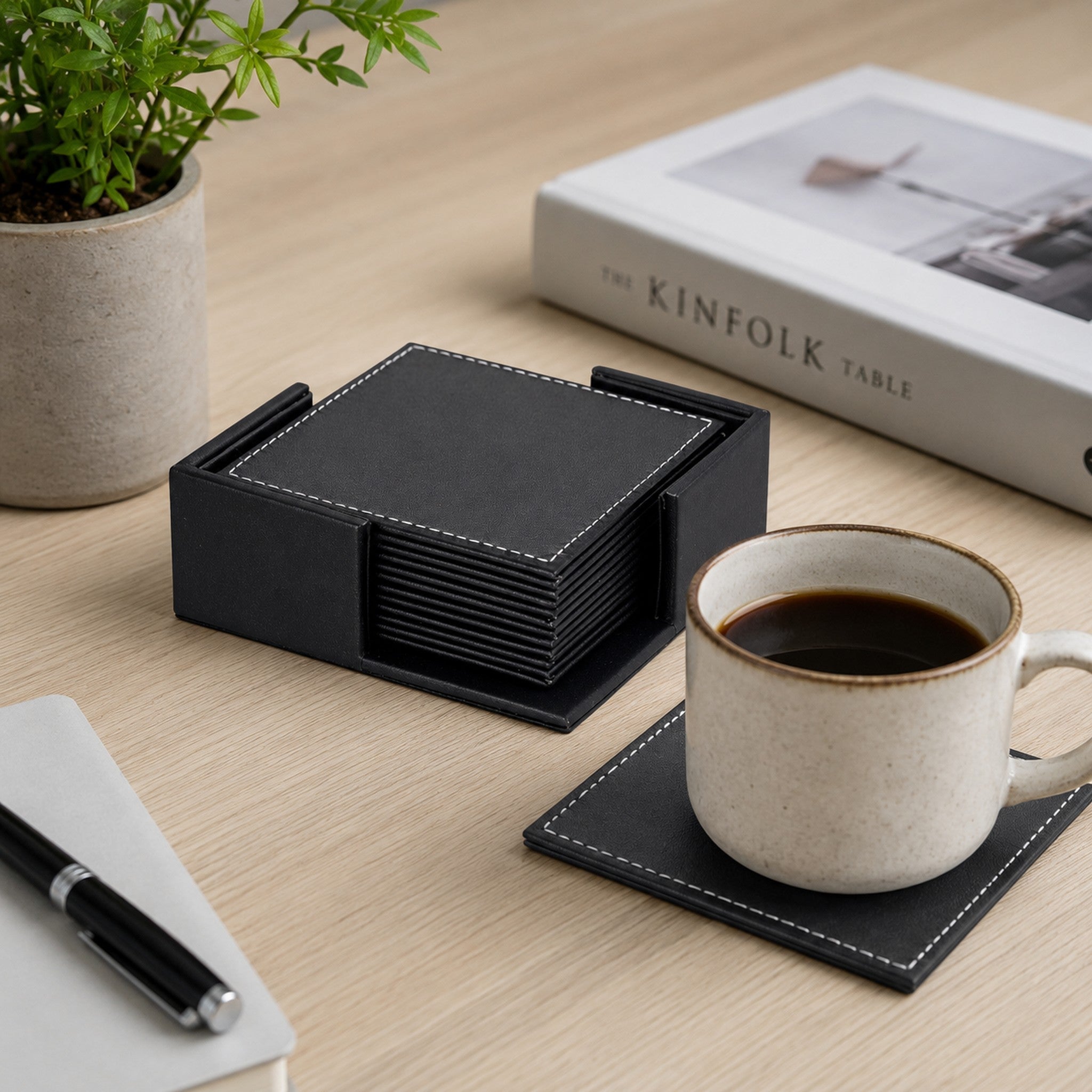 BAR BUTLER SQUARE LEATHERETTE COASTERS IN HOLDER 7PC SET