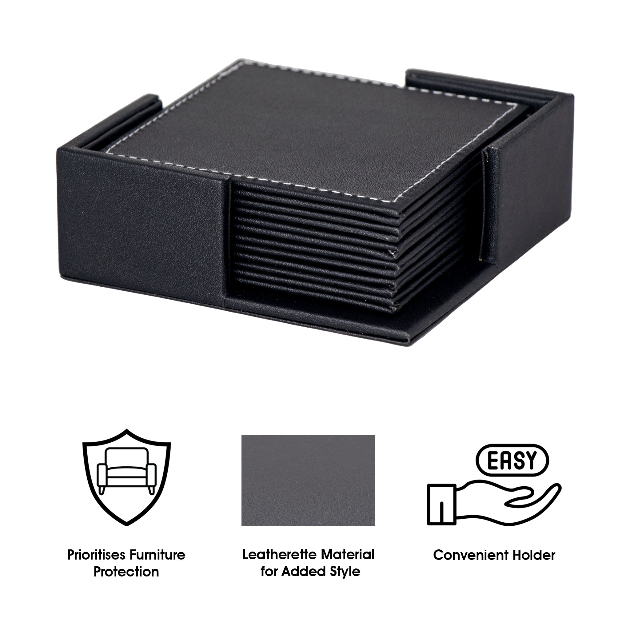 BAR BUTLER SQUARE LEATHERETTE COASTERS IN HOLDER 7PC SET