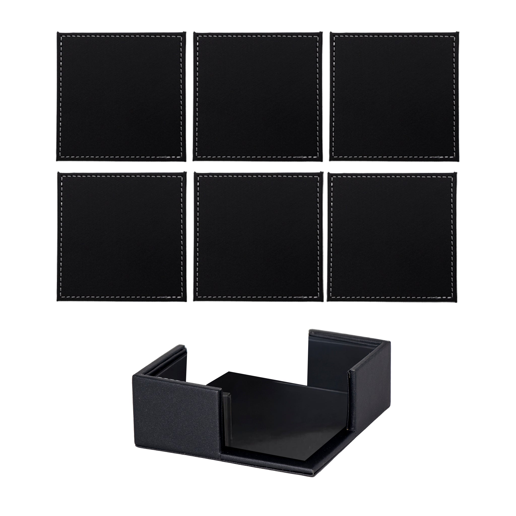BAR BUTLER SQUARE LEATHERETTE COASTERS IN HOLDER 7PC SET