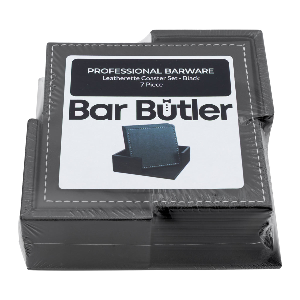 BAR BUTLER SQUARE LEATHERETTE COASTERS IN HOLDER 7PC SET