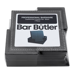 BAR BUTLER SQUARE LEATHERETTE COASTERS IN HOLDER 7PC SET