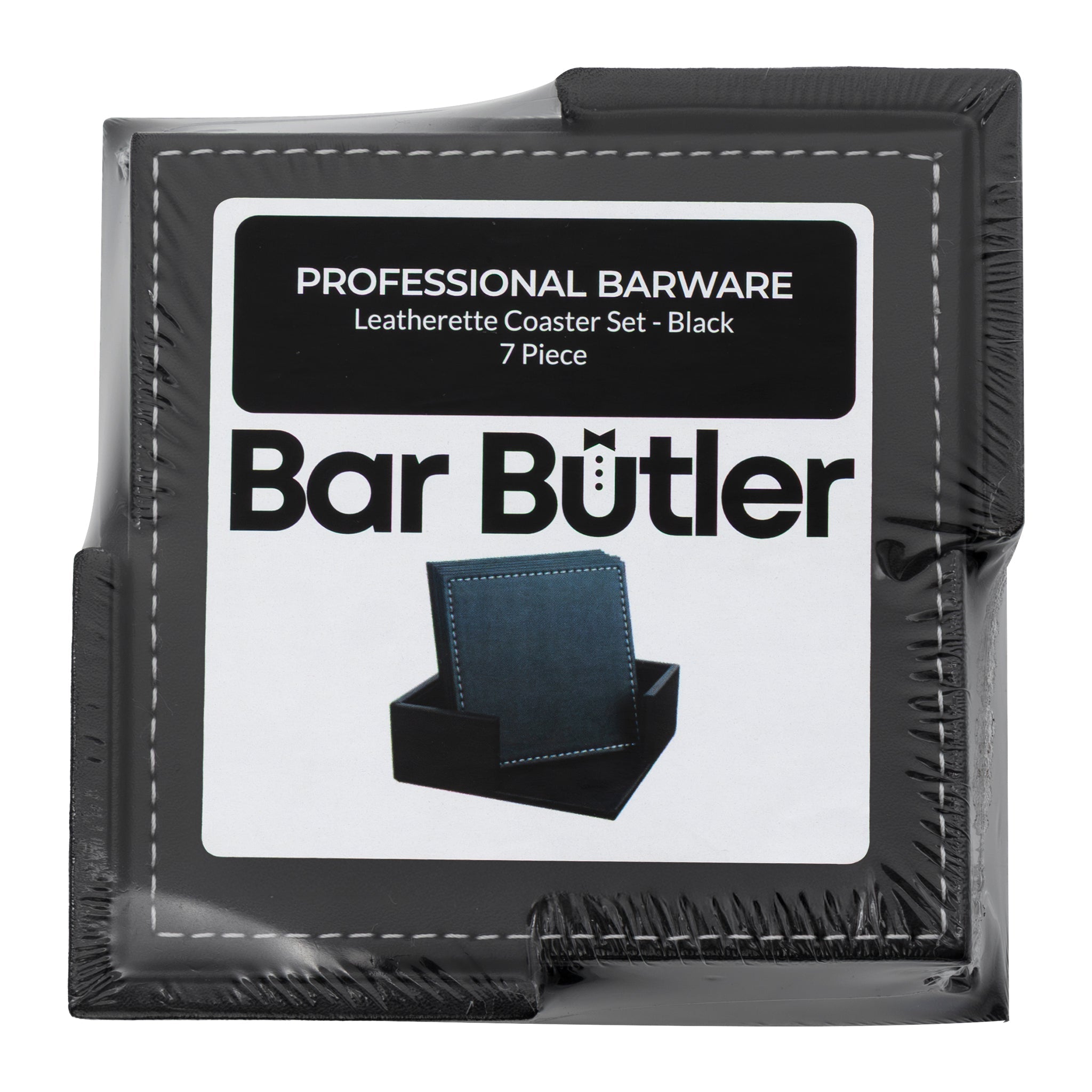 BAR BUTLER SQUARE LEATHERETTE COASTERS IN HOLDER 7PC SET