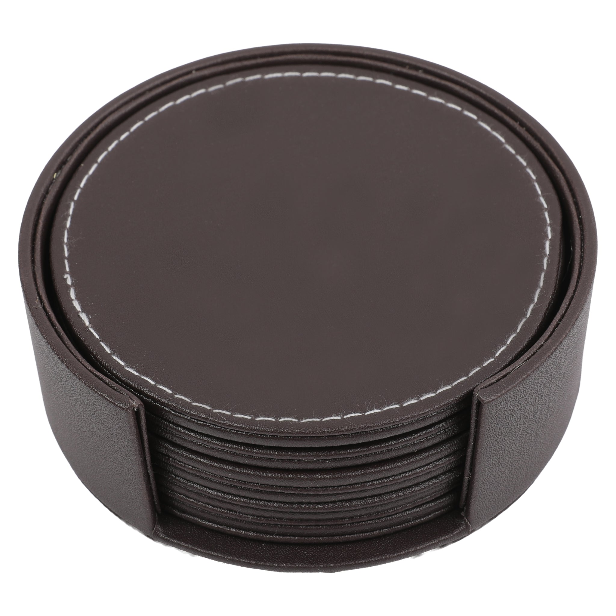 BAR BUTLER ROUND LEATHERETTE COASTERS IN HOLDER 7PCS SET