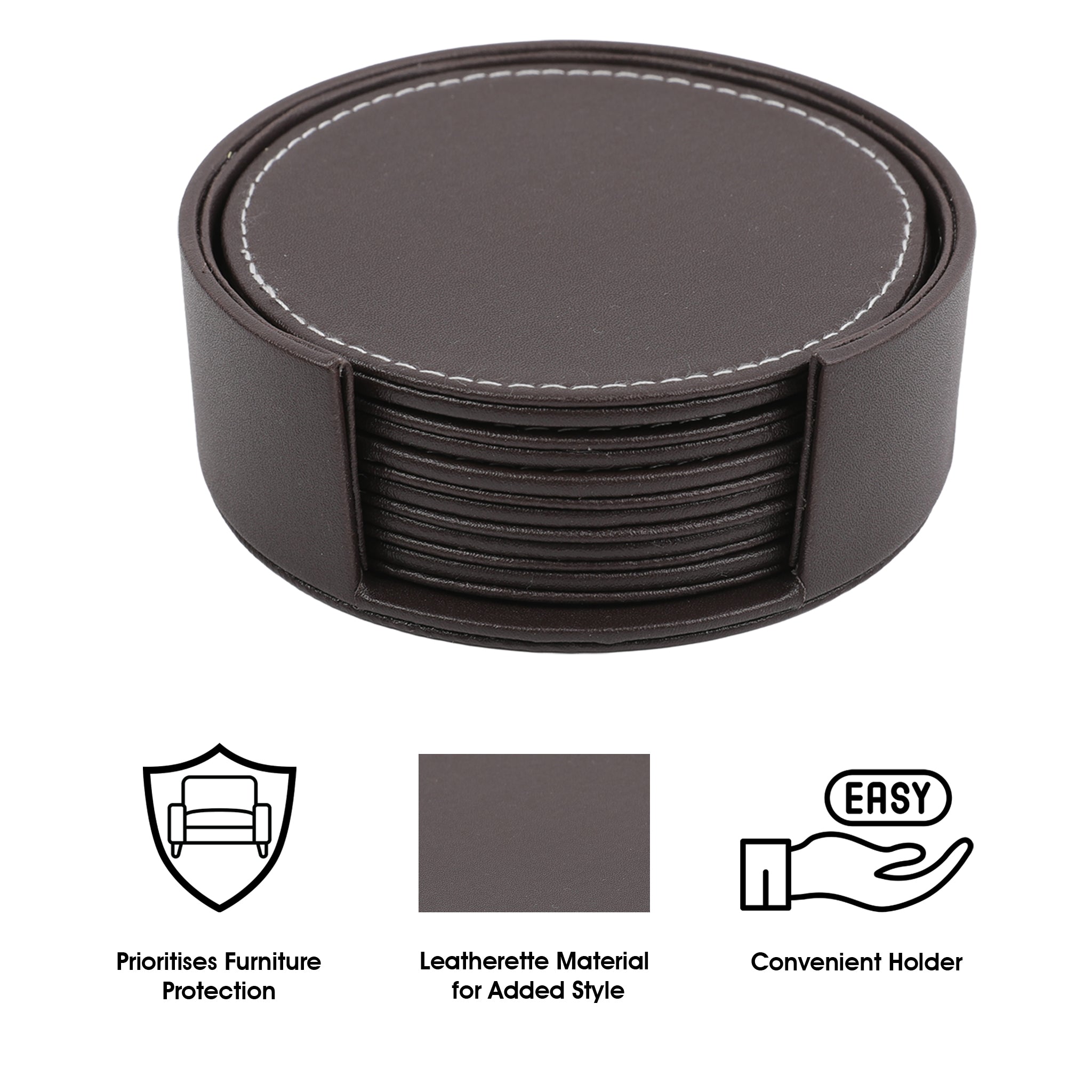 BAR BUTLER ROUND LEATHERETTE COASTERS IN HOLDER 7PCS SET