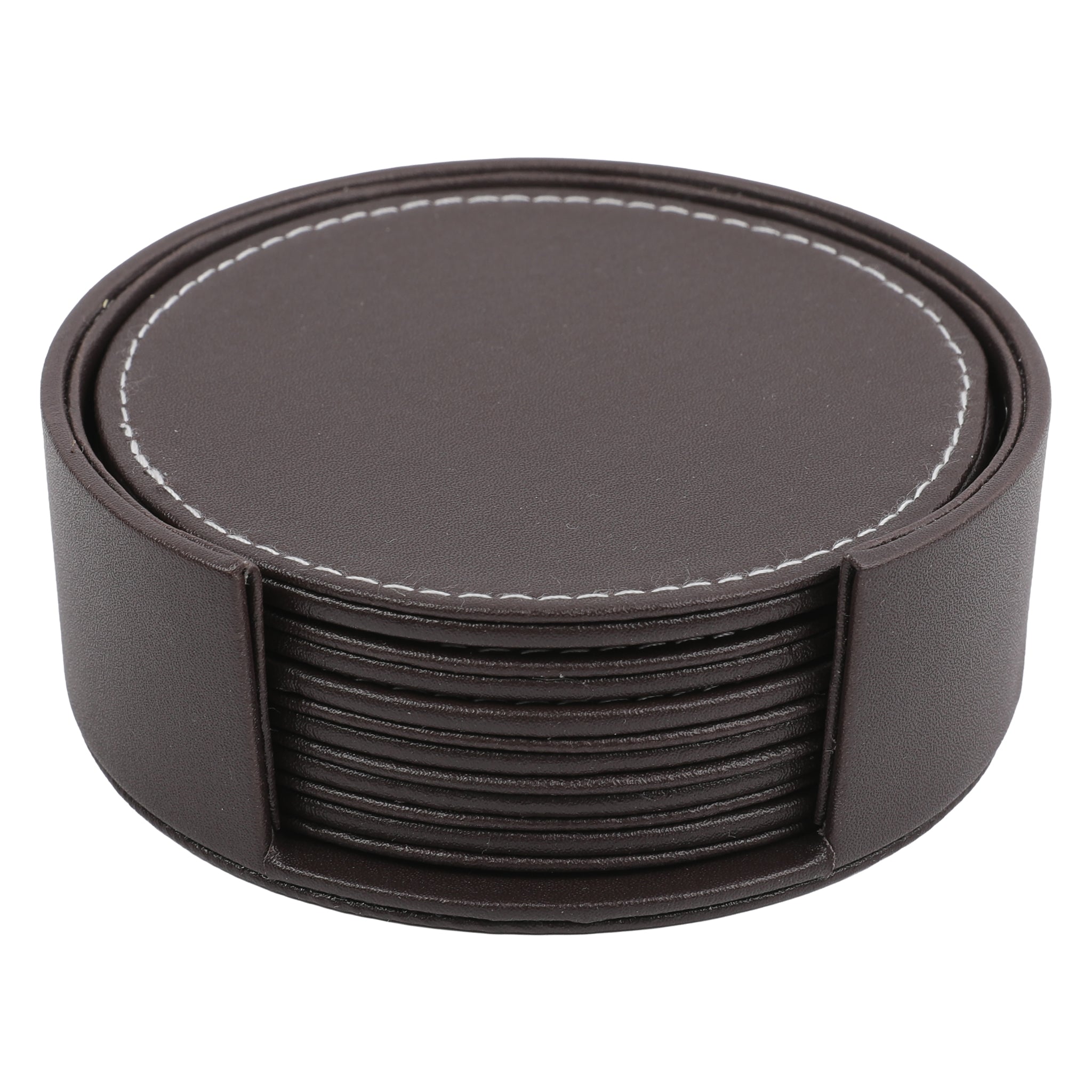 BAR BUTLER ROUND LEATHERETTE COASTERS IN HOLDER 7PCS SET