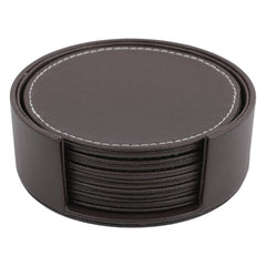 BAR BUTLER ROUND LEATHERETTE COASTERS IN HOLDER 7PCS SET