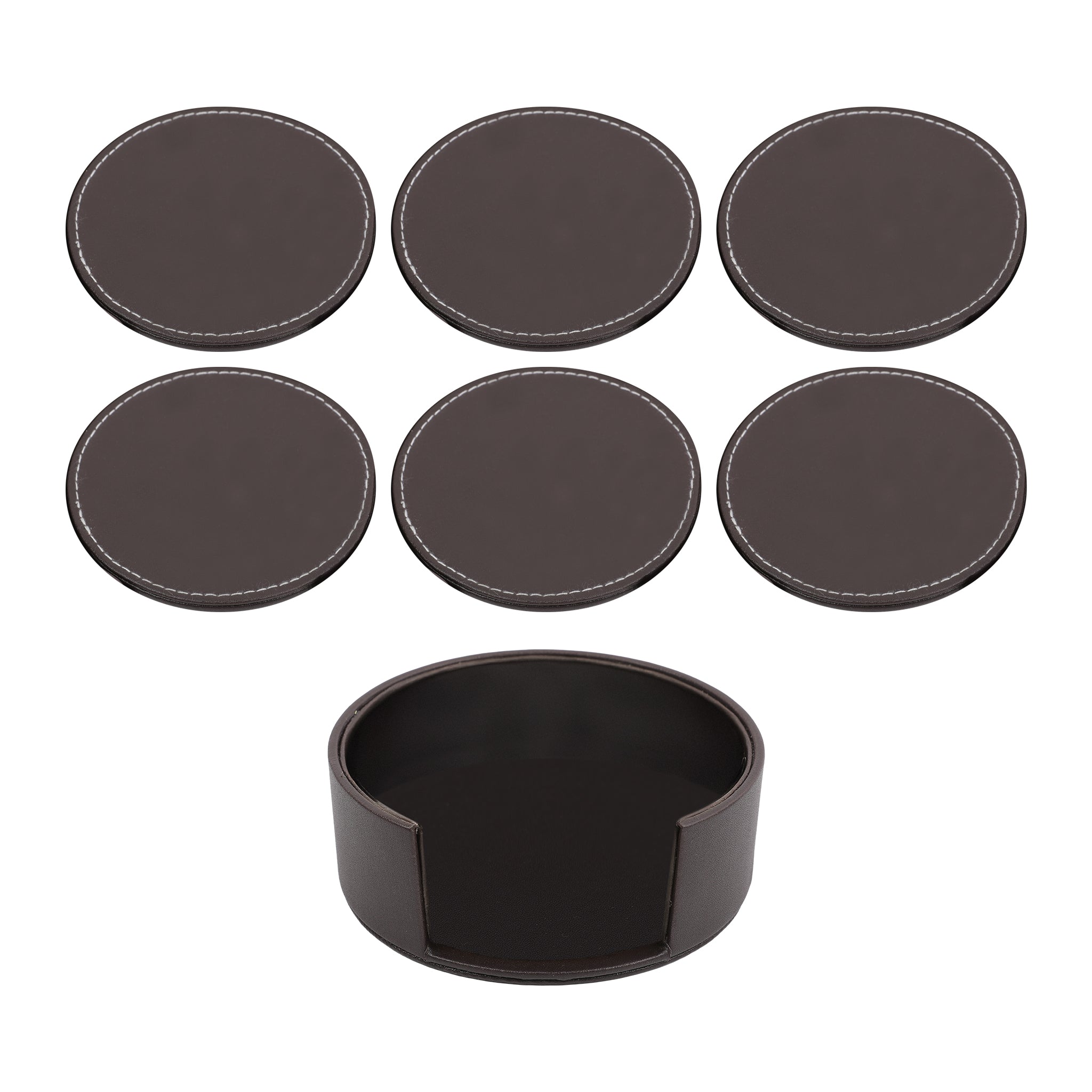 BAR BUTLER ROUND LEATHERETTE COASTERS IN HOLDER 7PCS SET